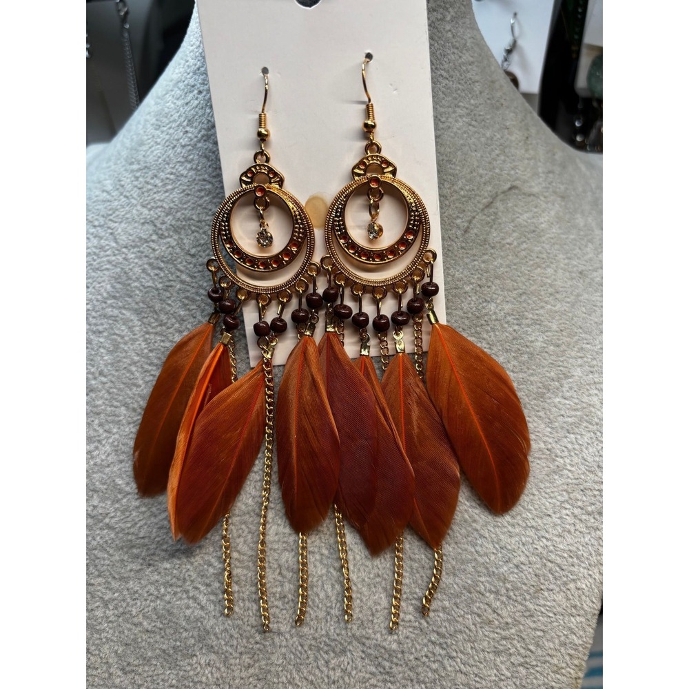 # 85. Boho Gold Orange Feather Dangle Earrings